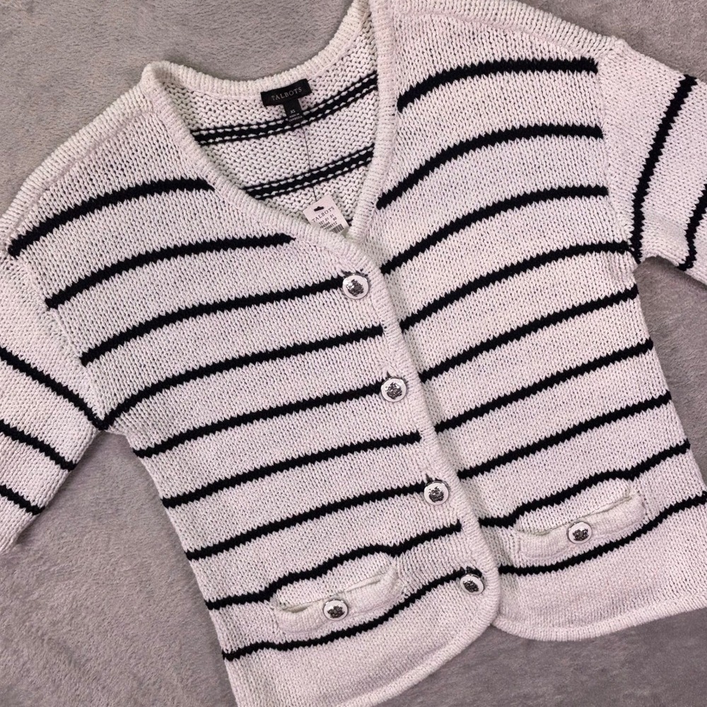 NWT Talbots Women Cardigan XS White Navy Blue Striped Short Sleeve Crest Button